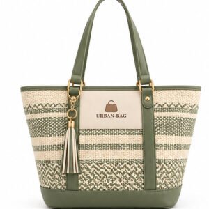 Urban Bag Olive Green and Cream Striped Woven-Look Tote Bag